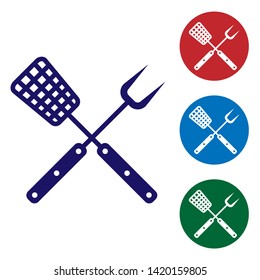 Blue Crossed fork and spatula icon isolated on white background. BBQ fork and spatula sign. Barbecue and grill tools. Set color icon in circle buttons. Vector Illustration