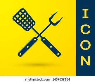 Blue Crossed fork and spatula icon isolated on yellow background. BBQ fork and spatula sign. Barbecue and grill tools. Vector Illustration