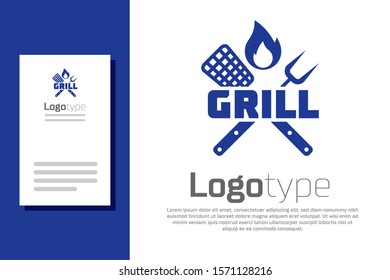 Blue Crossed fork and spatula icon isolated on white background. Fire flame sign. BBQ fork and spatula sign. Barbecue and grill tools. Logo design template element. Vector Illustration