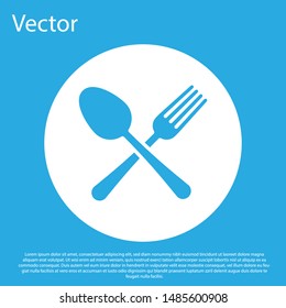 Blue Crossed fork and spoon icon isolated on blue background. Cooking utensil. Cutlery sign. White circle button. Vector Illustration