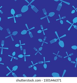 Blue Crossed fork and spoon icon isolated seamless pattern on blue background. Cooking utensil. Cutlery sign.  Vector Illustration