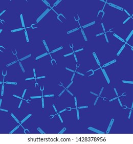 Blue Crossed knife and spatula icon isolated seamless pattern on blue background. BBQ knife and spatula sign. Barbecue and grill tools. Vector Illustration