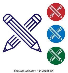 Blue Crossed pencil icon isolated on white background. Education sign. Drawing and educational tools. School office symbol. Set color icon in circle buttons. Vector Illustration
