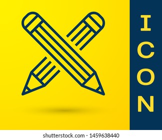 Blue Crossed pencil icon isolated on yellow background. Education sign. Drawing and educational tools. School office symbol.  Vector Illustration