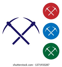 Blue Crossed pickaxe icon isolated on white background. Blockchain technology, cryptocurrency mining, bitcoin, altcoins, digital money market. Set color icon in circle buttons. Vector Illustration