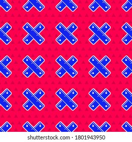 Blue Crossed ruler icon isolated seamless pattern on red background. Straightedge symbol.  Vector Illustration