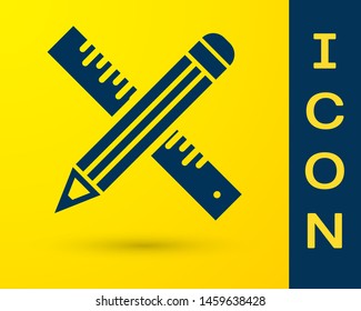 Blue Crossed ruler and pencil icon isolated on yellow background. Straightedge symbol. Drawing and educational tools.  Vector Illustration