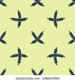 Blue Crossed sausage icon isolated seamless pattern on yellow background. Grilled sausage and aroma sign.  Vector Illustration
