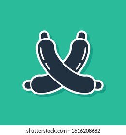 Blue Crossed sausage icon isolated on green background. Grilled sausage and aroma sign.  Vector Illustration