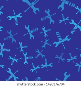 Blue Crossed screwdriver and wrench tools icon isolated seamless pattern on blue background. Service tool symbol.  Vector Illustration