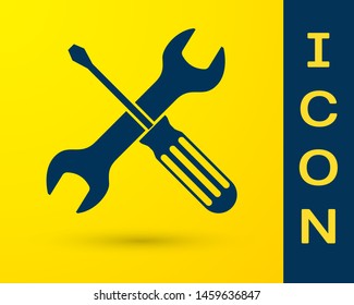 Blue Crossed screwdriver and wrench tools icon isolated on yellow background. Service tool symbol.  Vector Illustration