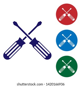 Blue Crossed screwdrivers icon isolated on white background. Service tool symbol. Set color icon in circle buttons. Vector Illustration