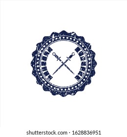 Blue crossed swords icon inside distress grunge seal