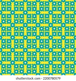 Trazo de punto cruzado azul sobre fondo amarillo. Puntos cuadrados azules sobre fondo amarillo. Diseño de patrones de tela coloreada para la venta. Tejiendo arte artesanal.