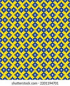Trazo de punto cruzado azul sobre fondo amarillo. Puntos cuadrados azules sobre fondo amarillo. Diseño de patrones de tela coloreada para la venta. Tejiendo arte artesanal.