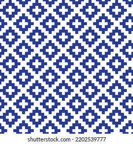 Blue cross-stitch knitting pattern on white background. Blue square dots on white backdrop. Monochrome color theme fabric pattern design for sale. Knitting handicraft art.