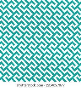 Blue cross-stitch knitting pattern on white background. Blue square dots on white backdrop. Monochrome fabric pattern design for sale. Knitting handicraft art.