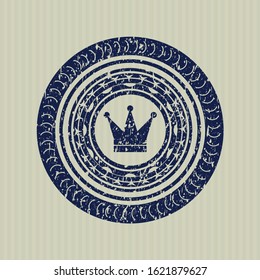Blue crown icon inside distress rubber grunge texture stamp