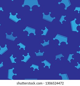 Blue Crown icon isolated seamless pattern on blue background. Vector Illustration