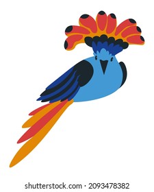 Blue Crowned Pigeon or Royal Flycatcher with crown from feathers on head. Isolated avian animal with colorful plumelets and feathers on tail. Exotic and tropical fauna and wildlife. Vector in flat