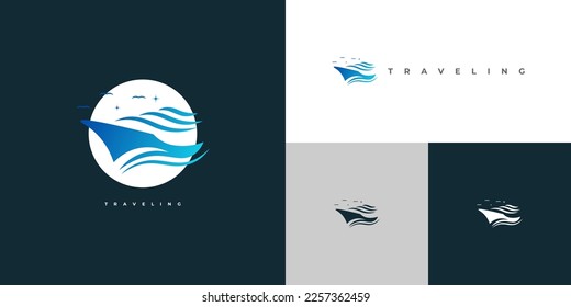 Diseño con logotipo de crucero azul con aves y estrellas. Logotipo de yate para el logotipo de la industria de viajes o turismo