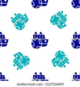 Blue Cruise ship icon isolated seamless pattern on white background. Travel tourism nautical transport. Voyage passenger ship, cruise liner. Worldwide cruise.  Vector