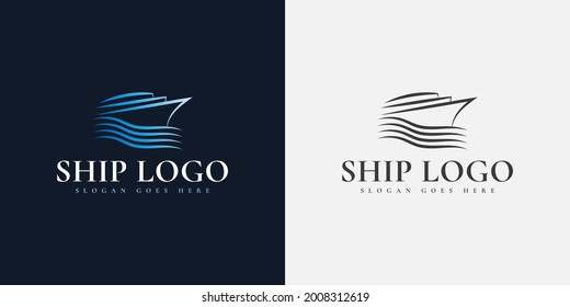 Blue Cruise Ship Logo Design with Line Style