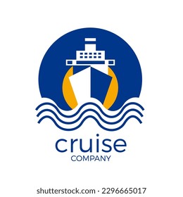 Blue cruise ship on sea waves and yellow sun. Vector template, logo design