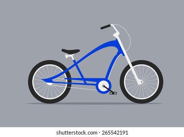 Blue cruiser bike with wheels, pedals, chain gear, and tires isolated on grey background. Cartoon style. Flat design. Vector illustration