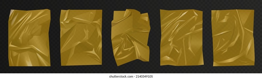 Blue crumpled polyethylene, plastic film set vector illustration. 3d glue paper sheet, cellophane for package or bag with wrinkles and shiny effect, elastic wrapper mockup on transparent background