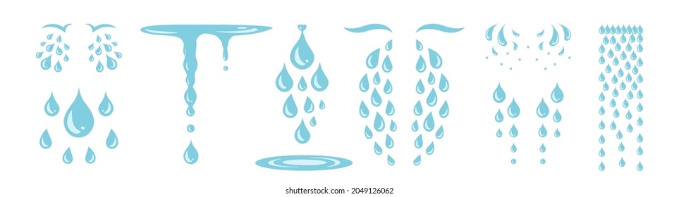 Blue cry cartoon tears icon or sweat drops from eyes vector illustration. Set of dew crying tear, droplets or teardrops isolated