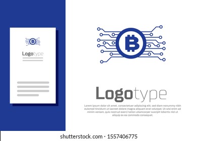 Blue Cryptocurrency bitcoin in circle with microchip circuit icon isolated on white background. Blockchain technology, digital money market. Logo design template element. Vector Illustration