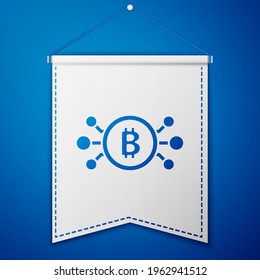 Blue Cryptocurrency bitcoin in circle with microchip circuit icon isolated on blue background. Blockchain technology, digital money market. White pennant template. Vector