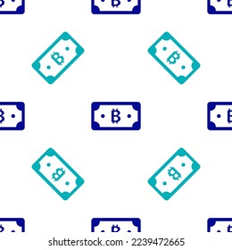 Icono de bitcoin de la criptodivisa azul aislado de un patrón sin fisuras en fondo blanco. Tecnología Blockchain, mercado digital de dinero.  Vector
