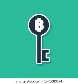 Blue Cryptocurrency Bitcoin key icon isolated on green background. Concept of cyber security or digital key with technology interface.  Vector Illustration