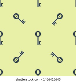 Blue Cryptocurrency Bitcoin key icon icon isolated seamless pattern on yellow background. Concept of cyber security or digital key with technology interface. Vector Illustration