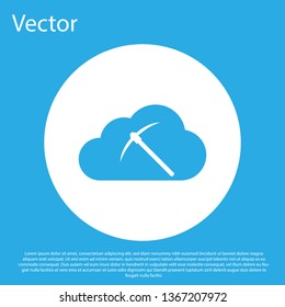 Blue Cryptocurrency cloud mining icon isolated on blue background. Cloud with pickaxe, bitcoin, altcoins, digital money market, cryptocoin wallet. White circle button. Flat design. Vector Illustration