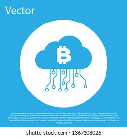 Blue Cryptocurrency cloud mining icon isolated on blue background. Blockchain technology, bitcoin, digital money market, cryptocoin wallet. White circle button. Flat design. Vector Illustration