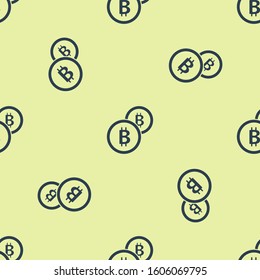 Blue Cryptocurrency coin Bitcoin icon isolated seamless pattern on yellow background. Physical bit coin. Blockchain based secure crypto currency.  Vector Illustration