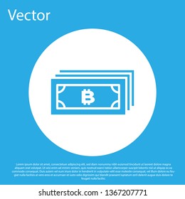 Blue Cryptocurrency concept bitcoin in circle with microchip circuit icon on blue background. Blockchain technology, digital money market. White circle button. Flat design. Vector Illustration