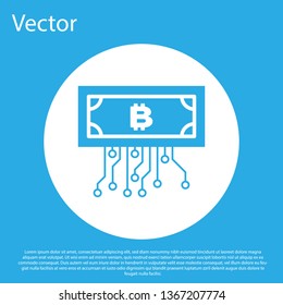 Blue Cryptocurrency concept bitcoin in circle with microchip circuit icon on blue background. Blockchain technology, digital money market. White circle button. Flat design. Vector Illustration