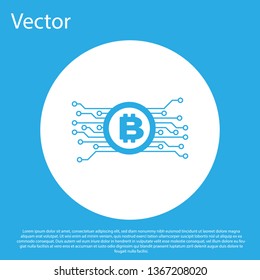 Blue Cryptocurrency concept bitcoin in circle with microchip circuit icon on blue background. Blockchain technology, digital money market. White circle button. Flat design. Vector Illustration