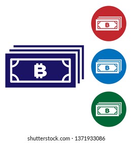 Blue Cryptocurrency concept bitcoin in circle with microchip circuit icon on white background. Blockchain technology, digital money market. Set color icon in circle buttons. Vector Illustration