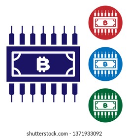 Blue Cryptocurrency concept bitcoin in circle with microchip circuit icon on white background. Blockchain technology, digital money market. Set color icon in circle buttons. Vector Illustration