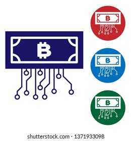 Blue Cryptocurrency concept bitcoin in circle with microchip circuit icon on white background. Blockchain technology, digital money market. Set color icon in circle buttons. Vector Illustration