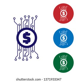 Blue Cryptocurrency concept bitcoin in circle with microchip circuit icon on white background. Blockchain technology, digital money market. Set color icon in circle buttons. Vector Illustration