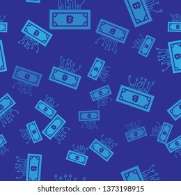 Blue Cryptocurrency concept bitcoin in circle with microchip circuit icon isolated seamless pattern on blue background. Blockchain technology, digital money market. Vector Illustration