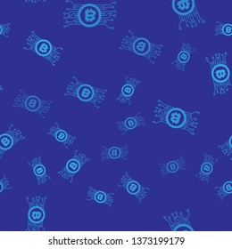Blue Cryptocurrency concept bitcoin in circle with microchip circuit icon isolated seamless pattern on blue background. Blockchain technology, digital money market. Vector Illustration