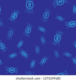 Blue Cryptocurrency concept bitcoin in circle with microchip circuit icon isolated seamless pattern on blue background. Blockchain technology, digital money market. Vector Illustration