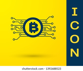 Blue Cryptocurrency concept bitcoin in circle with microchip circuit icon isolated on yellow background. Blockchain technology, digital money market. Vector Illustration